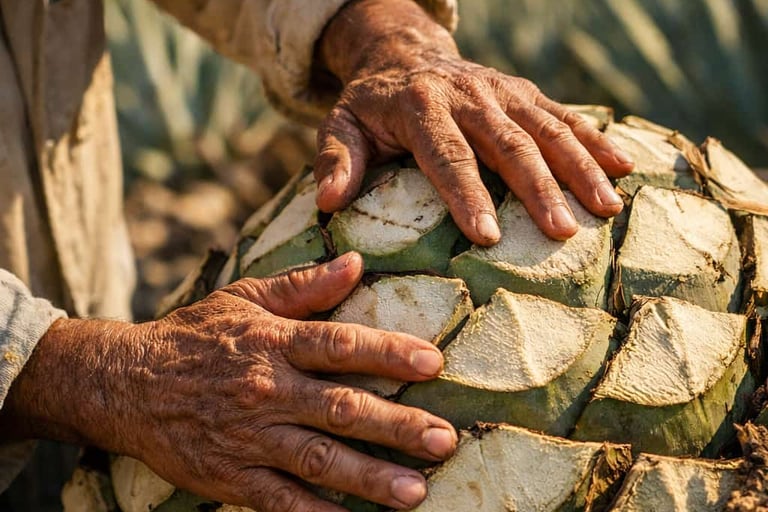 Manos expertas palpando una piña de agave madura bajo el so