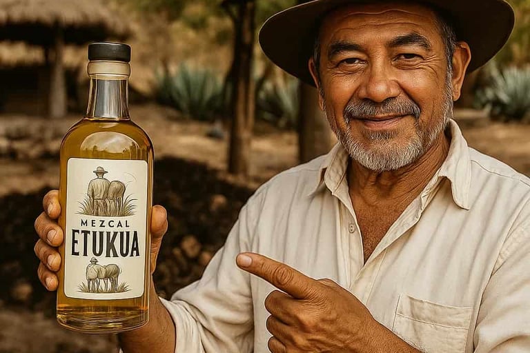 Maestro mezcalero de Etukua mostrando con orgullo el proceso de elaboración tradicional en su palenq