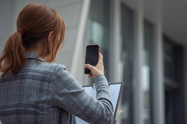 Mulher de costas usando um smartphone para fotografar ou filmar, enquanto segura uma prancheta com documentos.