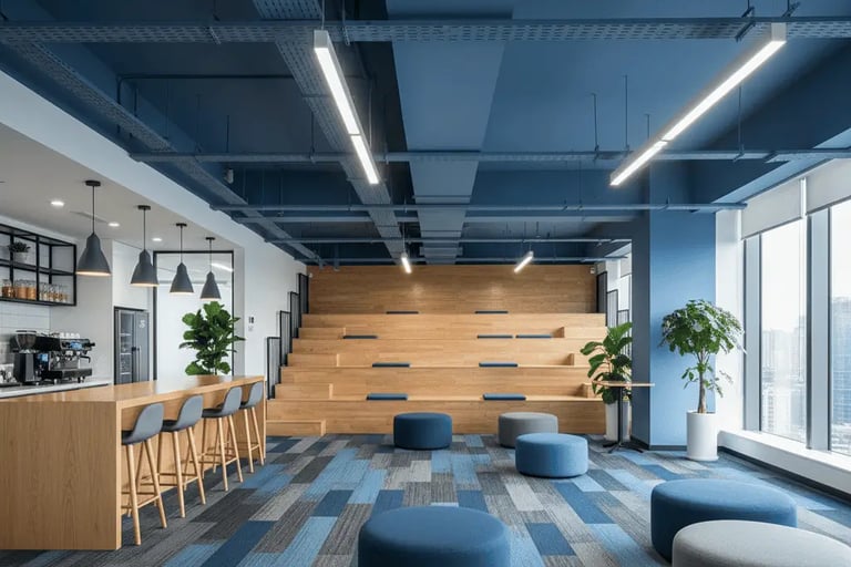 Area de descompressao de empresa com carpete azul e cinza teto azul móveis amadeirados e puffs azuis com bancada e banquetas