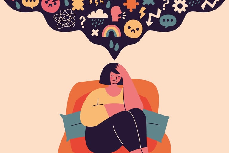 Mujer sentada encogida con mente llena de miedos