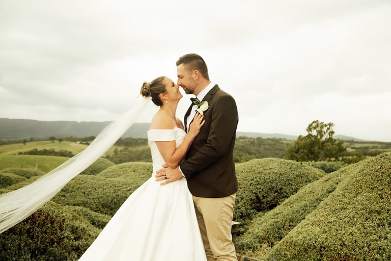 Bride and groom portrait in rolling hills countryside wedding natural light, vinery