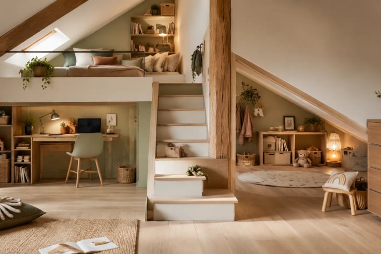 Haut mezzanine : chambre, bas mezzanine : bureau, rangement, coin jeux, ambiance scandinave