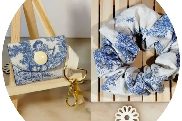 chouchou et porte-jeton en toile de Jouy