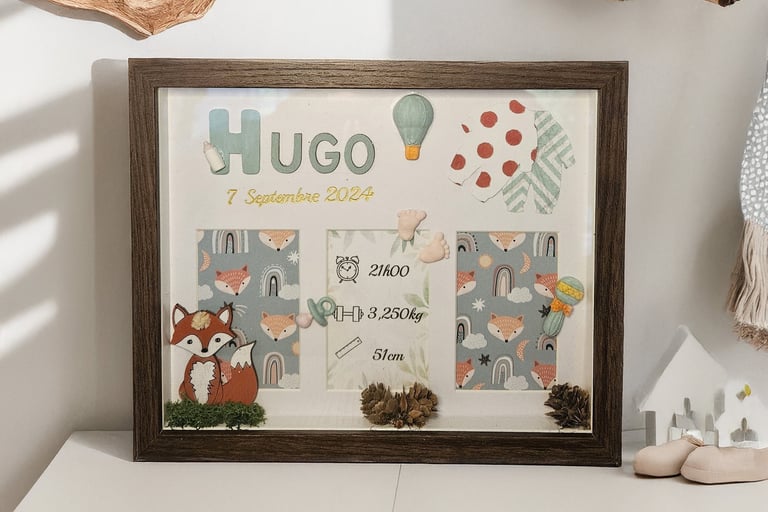 a picture of a framed picture of a baby's birth announcement