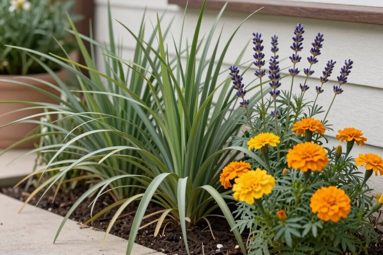 lemongrass, lavender and marigold plants growing in a flowerbed