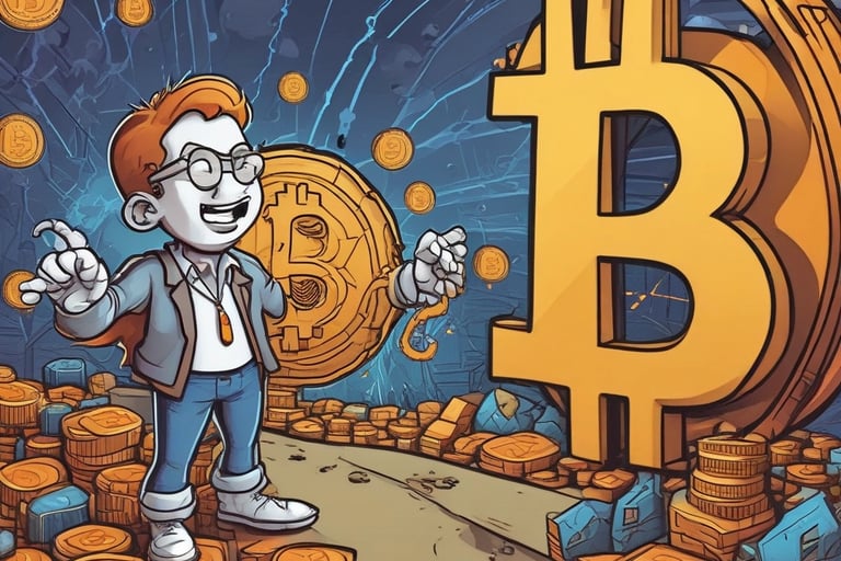 A cartoon character happily saving Bitcoins.
