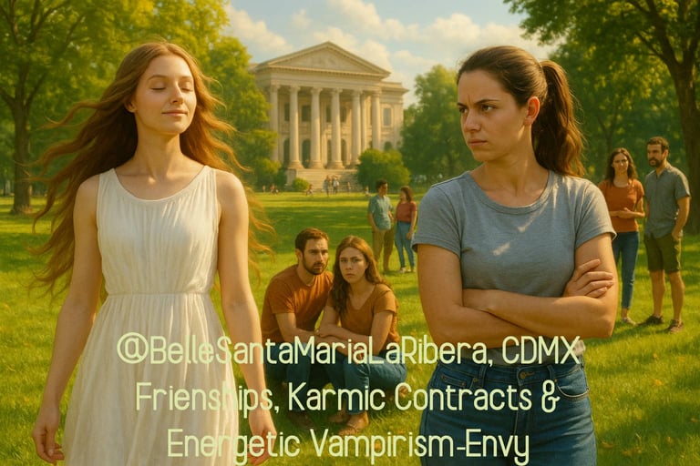 karmic friendships envy energy vampirism park scene. two women. roman temple