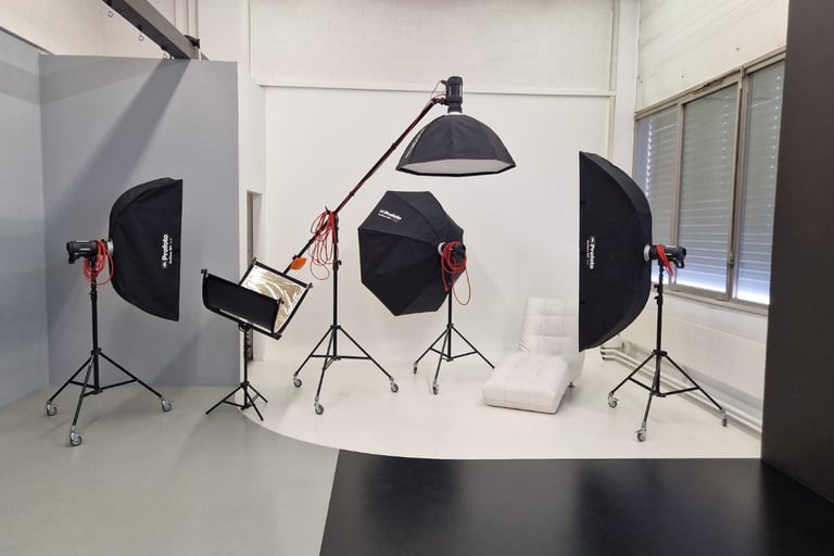 Professionelles Fotostudio von Markus Bär in Chur mit Studioblitzen und Softboxen für Portrait-Fotografie