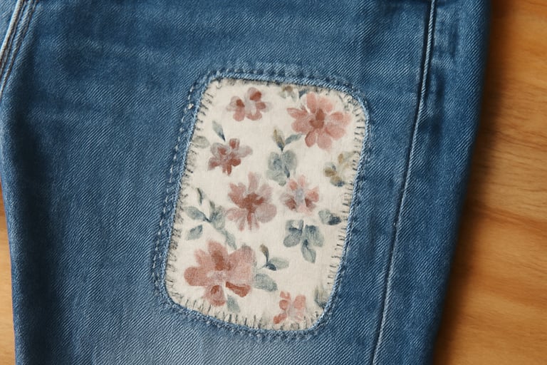 Blue jeans with a rectangular floral patch stitched on the left leg,.