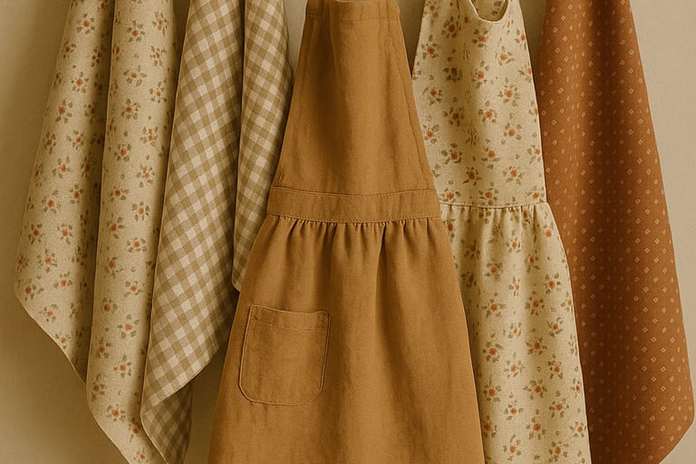 "Two aprons and three dish towels hanging on a wooden rack in a cozy farmhouse style."