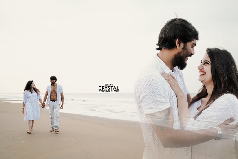 couples walking on beach in white costumes on their pre wedding photography