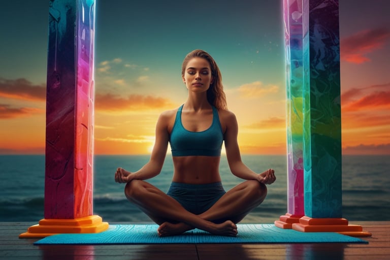 a woman sitting on a yoga mat in front of a sunset