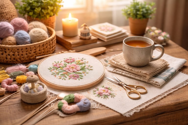 Cozy crafting workspace with embroidery supplies, handmade projects, and warm home décor