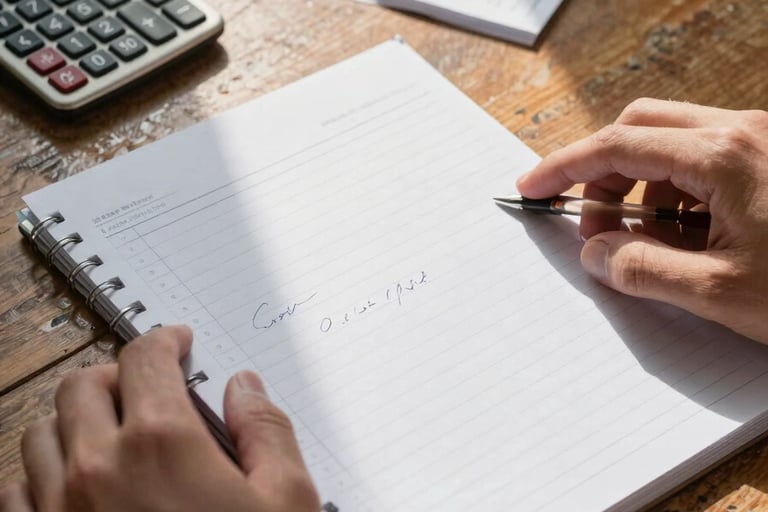 Close-up of hands spreading out a handwritten cost ledger on a worn wooden table, a small calculator and receipts nearby, afternoon window light casting soft shadows across the paper, documentary framing