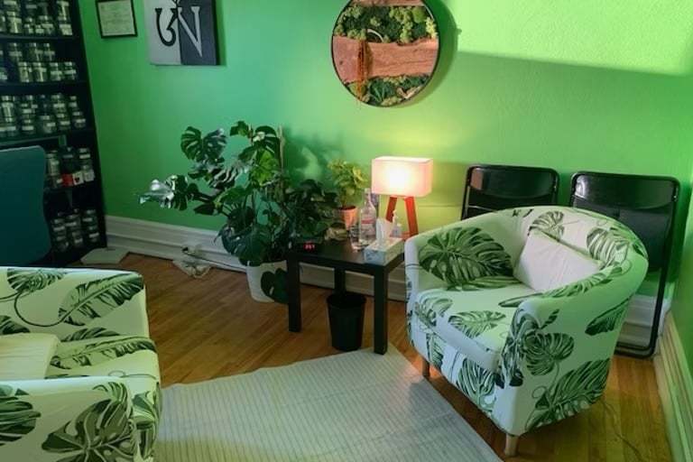 Therapy room at Village Healing Centre in Toronto with comfortable seating, plants and natural light