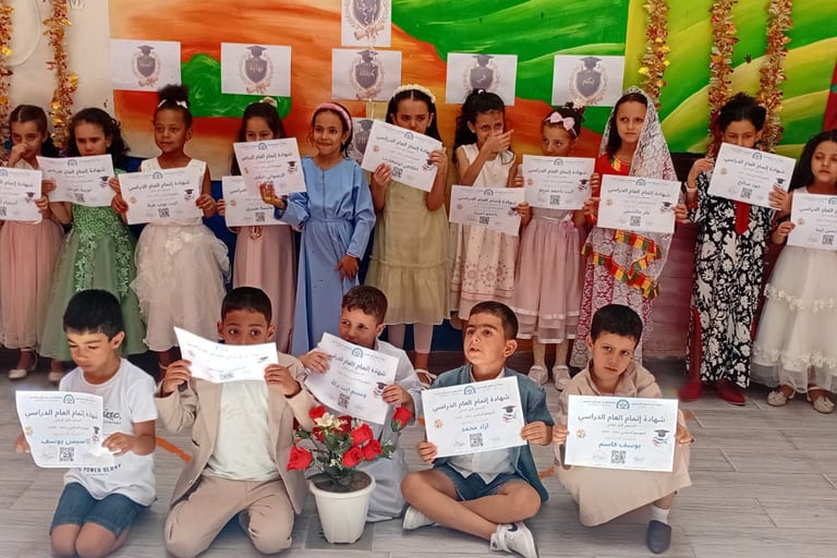 Moroccan students proudly holding academic certificates during a school graduation ceremony celebration.