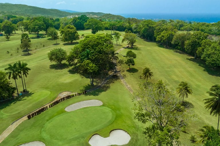 Aerial view of a tropical golf course fairway with palm trees and bunkers overlooking the ocean.
