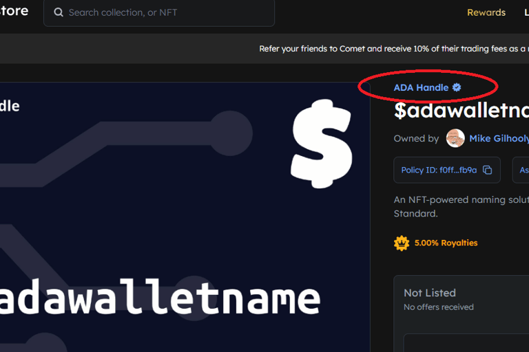 Screenshot of Certified ADA Handle NFT listing on jpg.store marketplace for the Cardano blockchain.