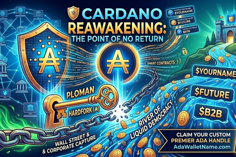Cardano cryptocurrency illustration featuring the ADA symbol, smart contracts, and the River of Liquid Democracy.