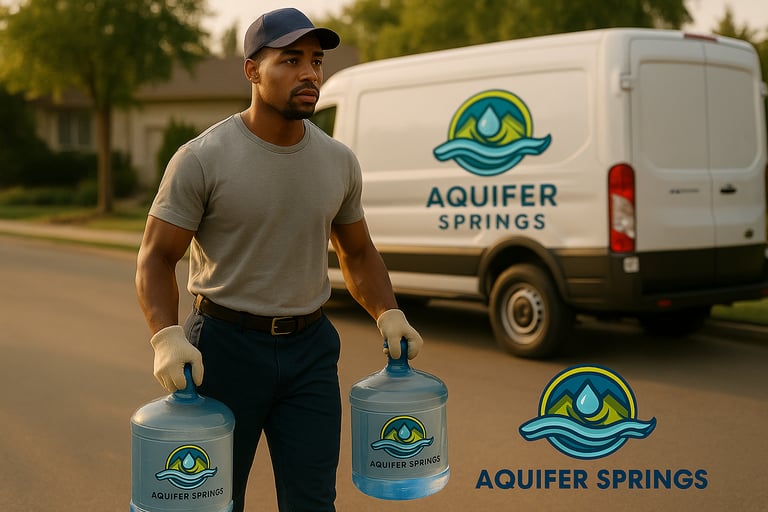 Aquifer Springs delivery man carrying two branded water jugs beside company van.