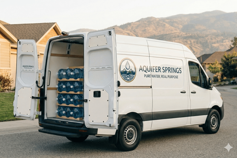 Aquifer Springs delivery van with fresh spring water jugs for home delivery in Kelowna.
