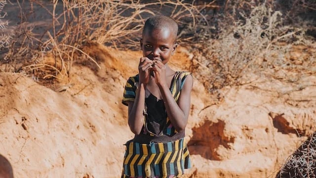 A young African girl in a patterned dress stands in a sunny, dry landscape.
