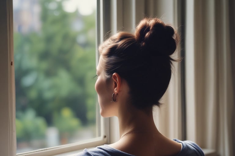 Woman looking outside of a window, thinking about starting therapy