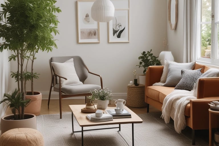 Modern living room with a tan leather sofa, grey armchair, and lush green plants in a bright Scandinavian interior.