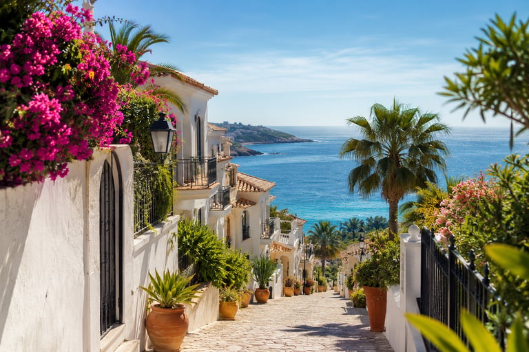 Mediterranean street with sea in the distance