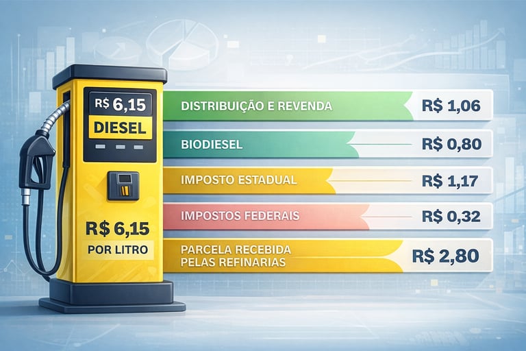 Infográfico detalhando a composição do preço do diesel no Brasil com bomba de combustível amarela.