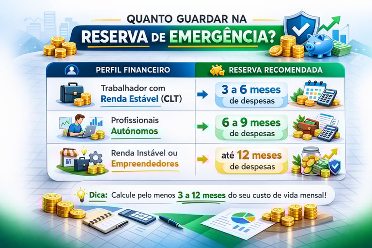 Infográfico sobre reserva de emergência financeira para CLT, autônomos e empreendedores.