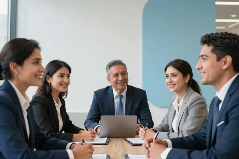 A group of Hispanic business professionals in a bright, modern office having a productive meeting, with navy and light blue accents in the furniture, looking optimistic and focused.