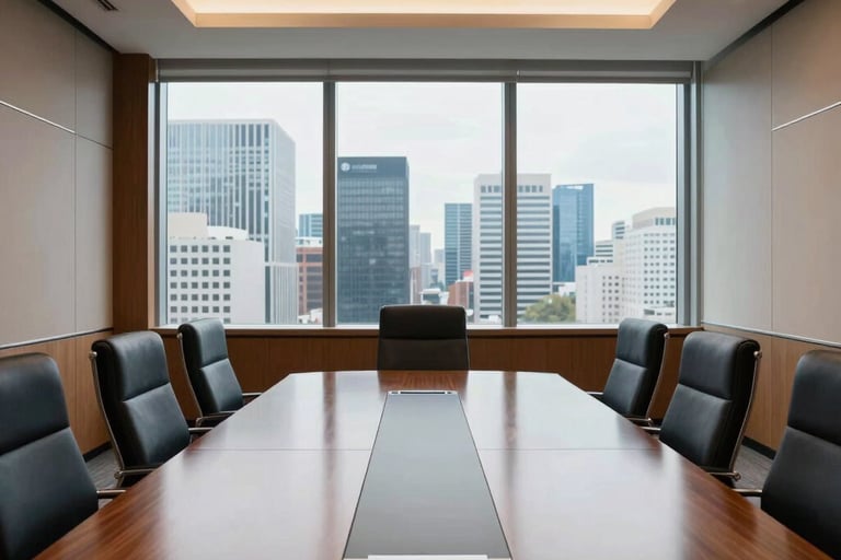 Wide-angle photography of a sophisticated corporate training room. A polished boardroom table sits in front of a panoramic window overlooking a modern city skyline. The room features warm wood textures and clean steel blue accents. A high-end atmosphere of leadership and excellence.