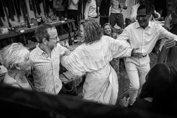 Wedding guests enjoying a fast-paced barn dance led by Rowans, a premier Irish folk and ceilidh band in Devon