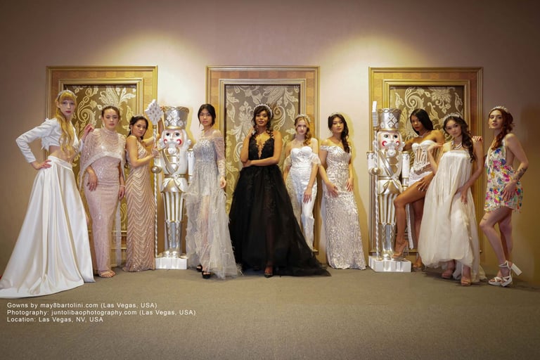 Models wearing elegant wedding gowns at a Las Vegas fashion show