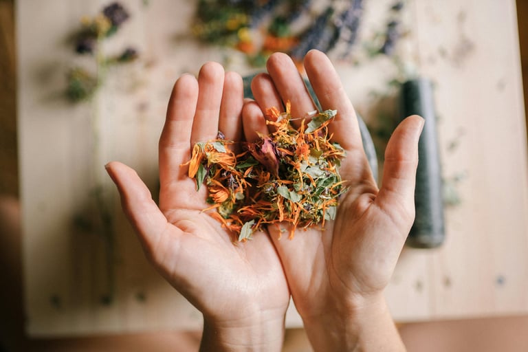 Hands holding colourful dried herbs and flower petals.
