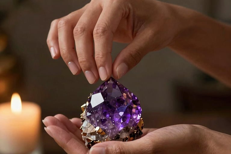 A high-end, artistic photography of an elegant South American woman's hands hovering over a purple crystal, illuminated by soft golden light from a nearby candle, professional and mystic style.