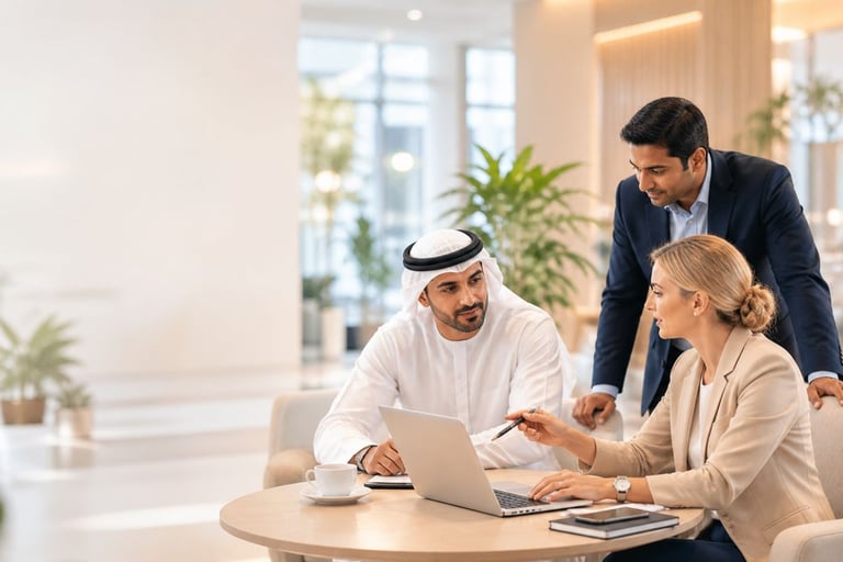 Professionals discussing partnership opportunities in a modern hospitality lounge setting