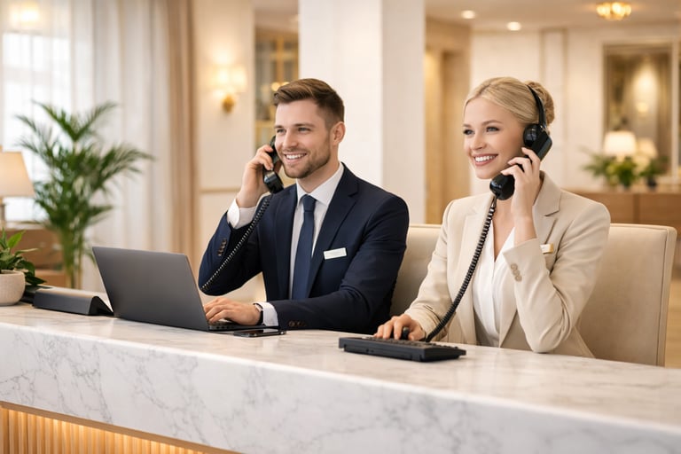 Two professional hotel receptionists answering phone calls at a modern light reception desk