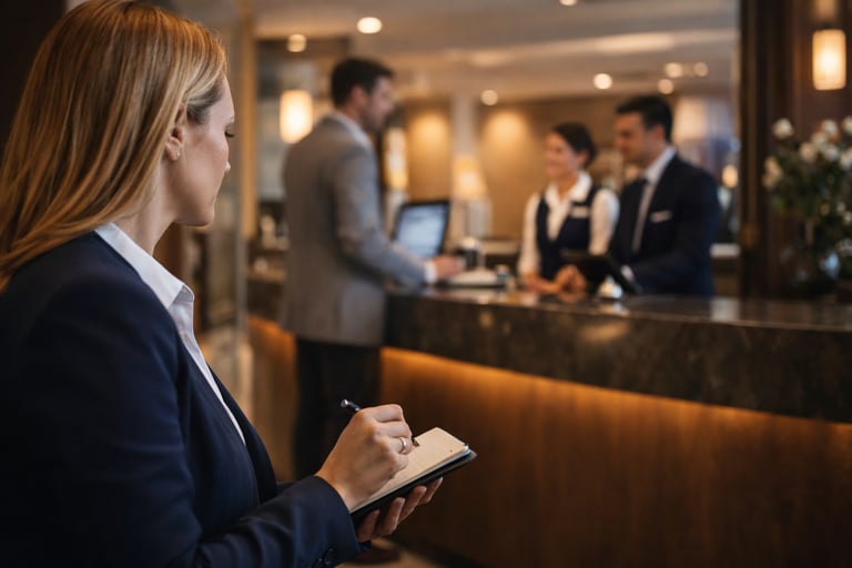 Hotel mystery guest performing audit at hospitality reception