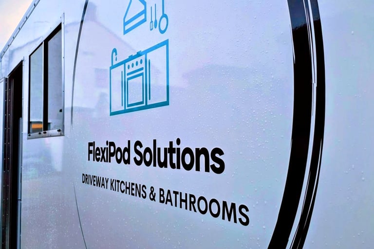 Exterior of a temporary bathroom pod branded by FlexiPod Solutions, supplied for insurance claims and renovation projects.