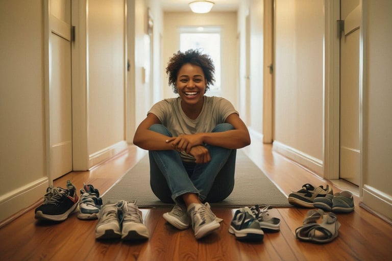 A happy woman sitting in a hallway surrounded by shoes