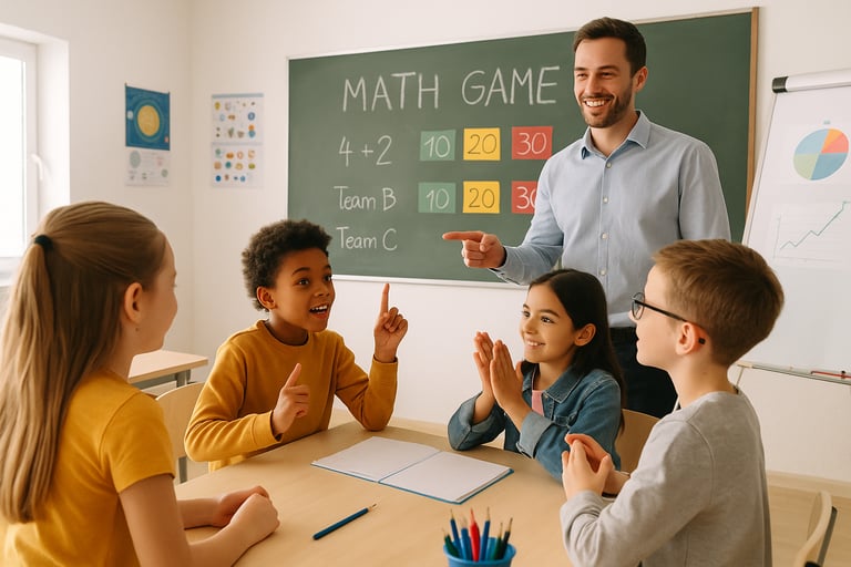 Profesor aplicando gamificación en una clase de matemáticas con niños, realizando un juego de equipos frente al pizarrón, don