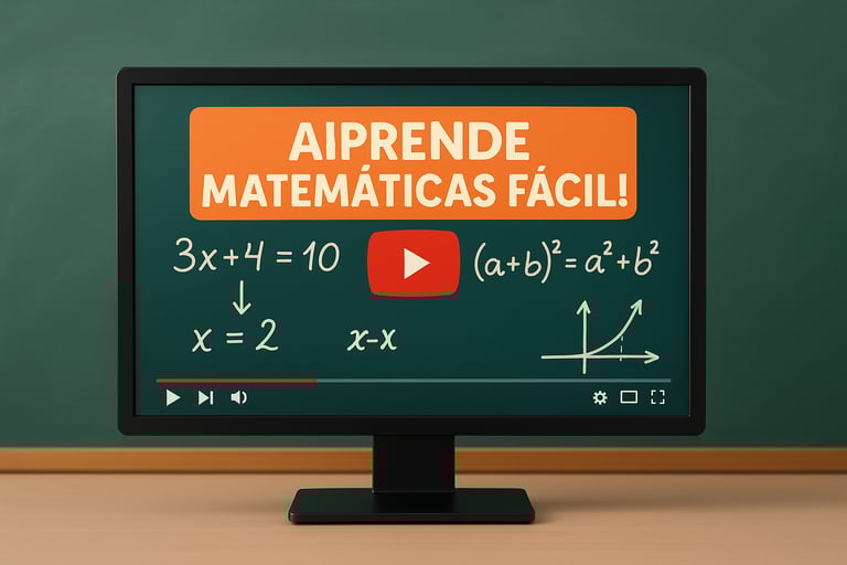 Monitor de computadora en un aula mostrando una pantalla con un video educativo de matemáticas, con ecuaciones y gráficos en 