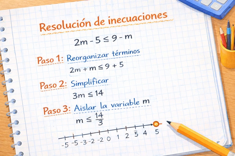 Resolución paso a paso de una inecuación escrita en un cuaderno cuadriculado, con procedimiento y recta numérica