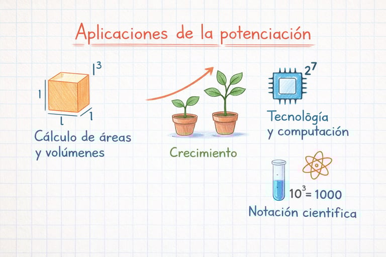 Ilustración tipo cuaderno cuadriculado que muestra aplicaciones de la potenciación en áreas y volúmenes, crecimiento, tecnolo