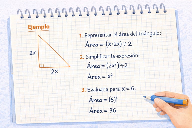 imagen de Ejemplo de lenguaje algebraico aplicado a un problema geométrico en un cuaderno cuadriculado.