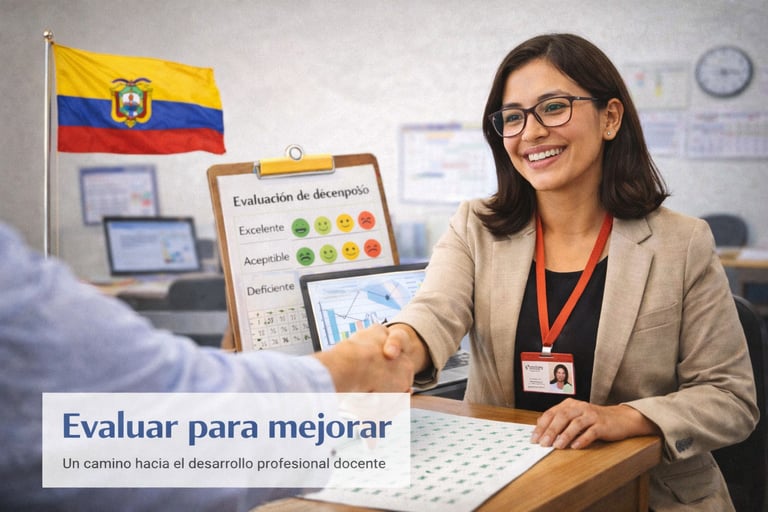 Docente participando en un proceso de evaluación profesional, conversando con directivo en un entorno educativo en Ecuador