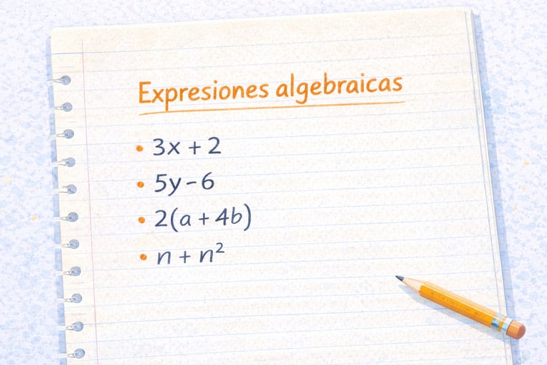 imagen de Ejemplos de expresiones algebraicas escritas en un cuaderno, con letras, números y operaciones matemáticas básicas